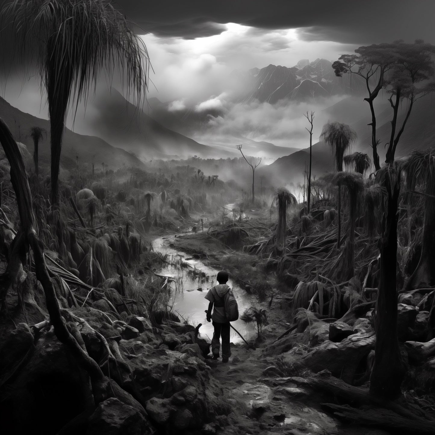 Disegno bianco e nero - Disegno natura desolata in stile Salgado | Effetto lucido - Materico