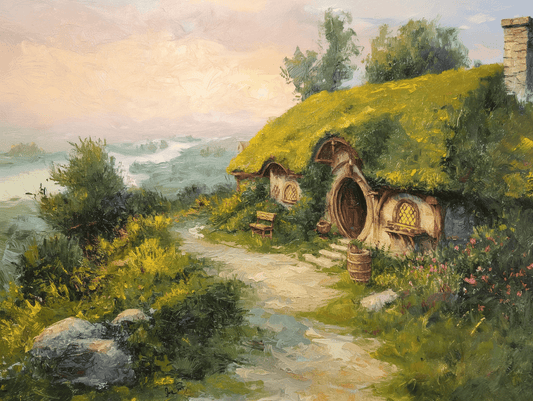 Fantasy - La Contea degli Hobbit dipinto ad olio | Stampa piatta HD o in 3D - Materico