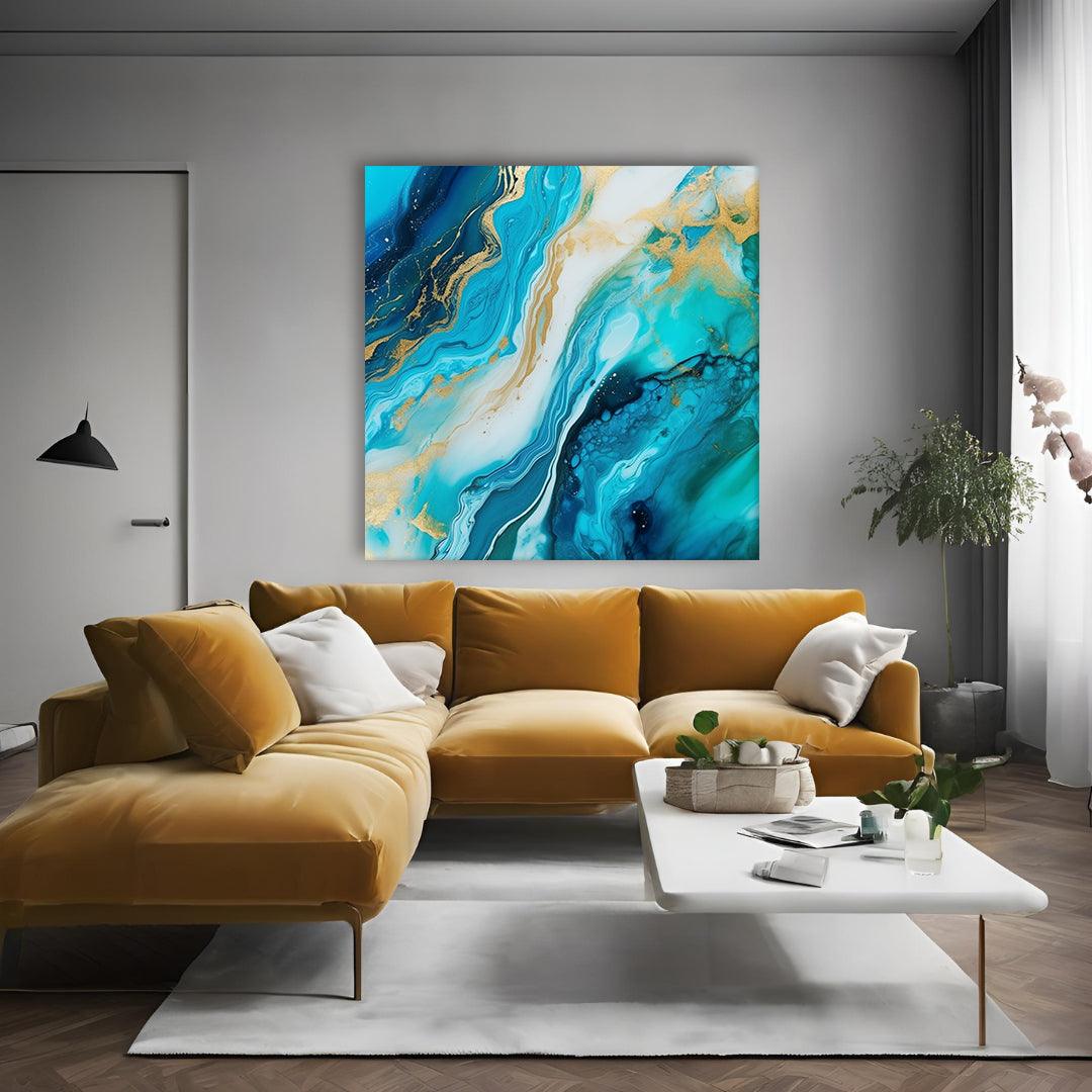 Minimal - Quadro pouring azzurro e oro ARIA | Effetto lucido - Materico