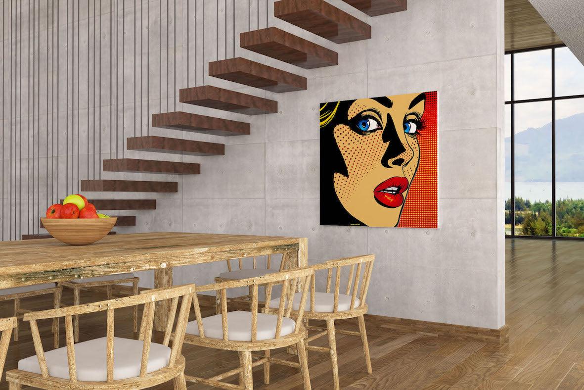 Pop art - Volto donna sfondo rosso ispirato a Roy Lichtenstein | Effetto lucido - Materico