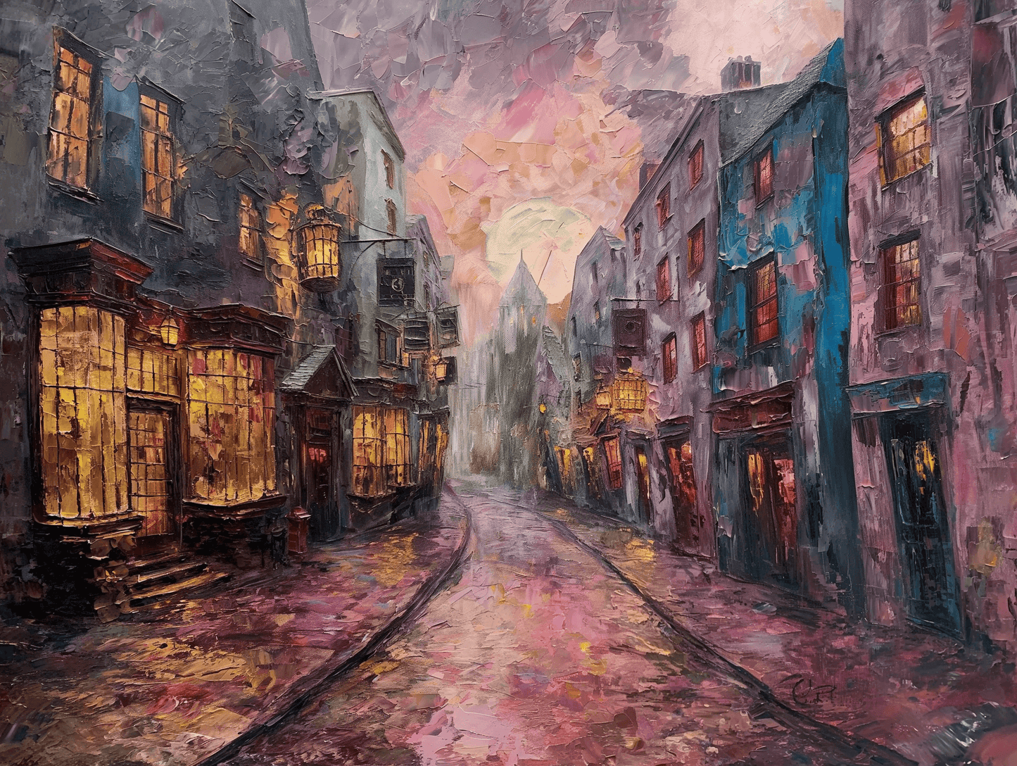 Fantasy - Diagon Alley sotto la pioggia | Stampa piatta HD o in 3D - Materico