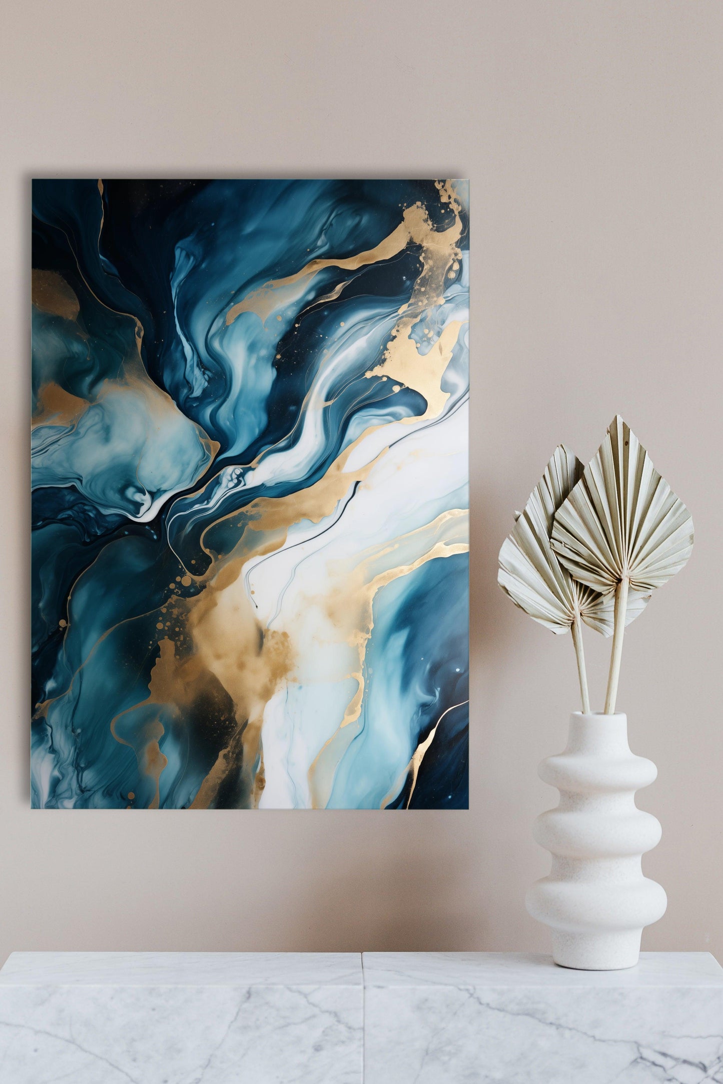 Minimal - Quadro pouring blu oro e nero AMELIA | Effetto lucido - Materico