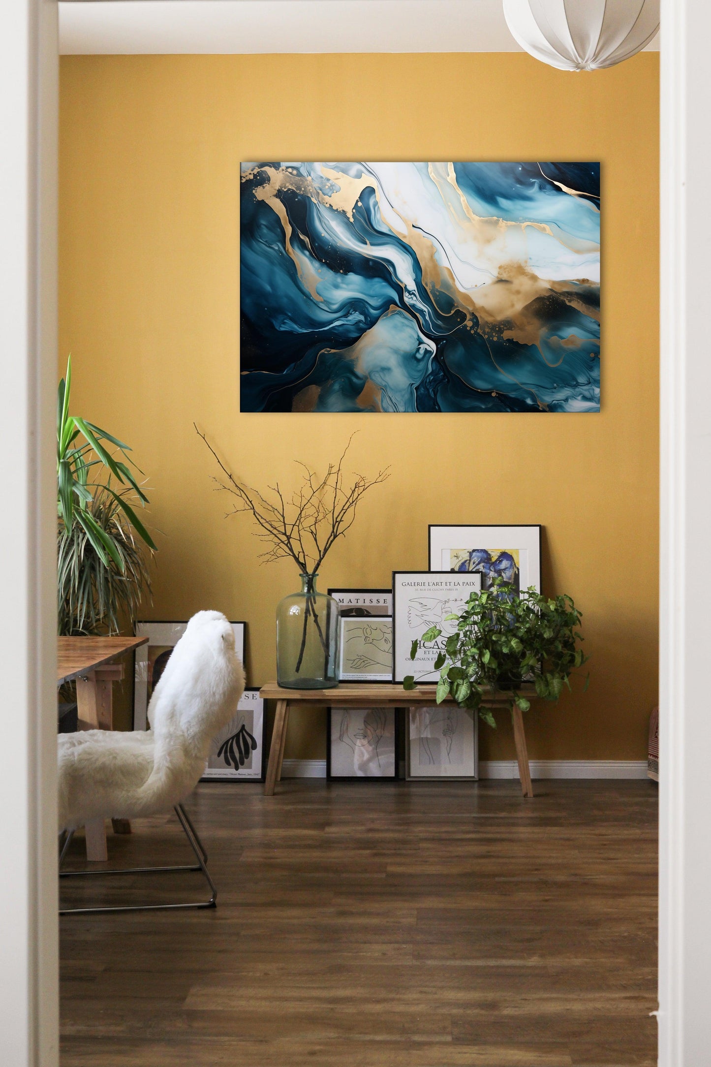 Minimal - Quadro pouring blu oro e nero AMELIA | Effetto lucido - Materico