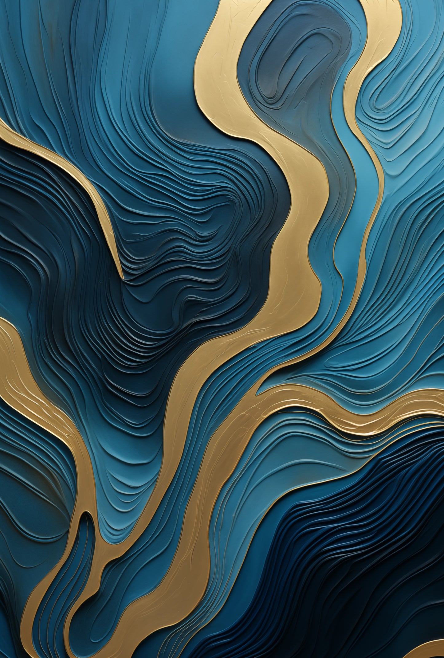 Minimal - Gemälde mit blauen und goldenen Wellen AURORA | Glanzeffekt