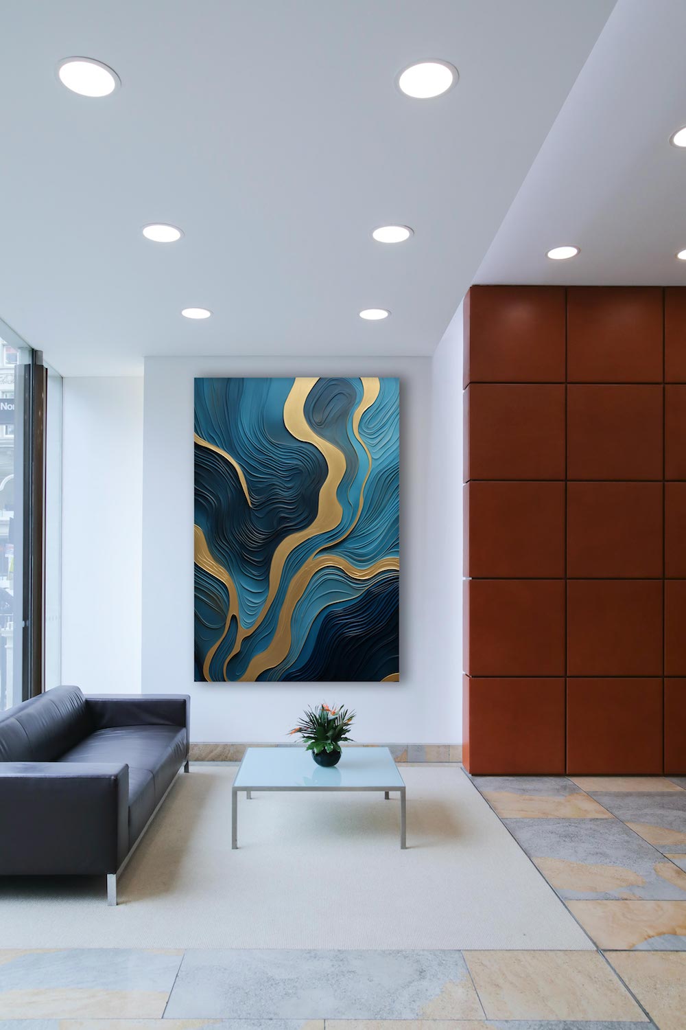 Minimal - Gemälde mit blauen und goldenen Wellen AURORA | Glanzeffekt