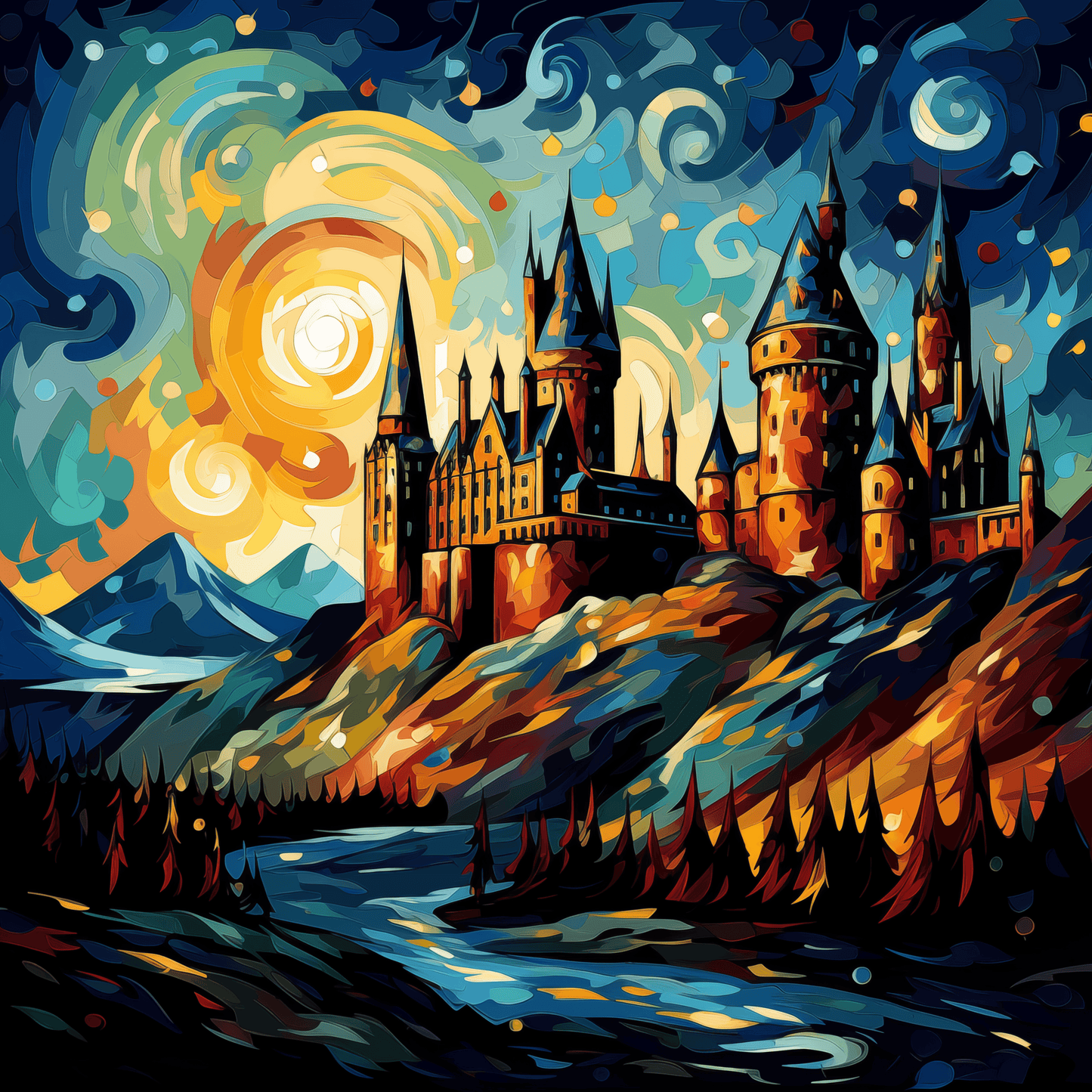Fantasy - Disegno castello di Hogwarts in stile Van Gogh | Stampa piatta HD o in 3D - Materico