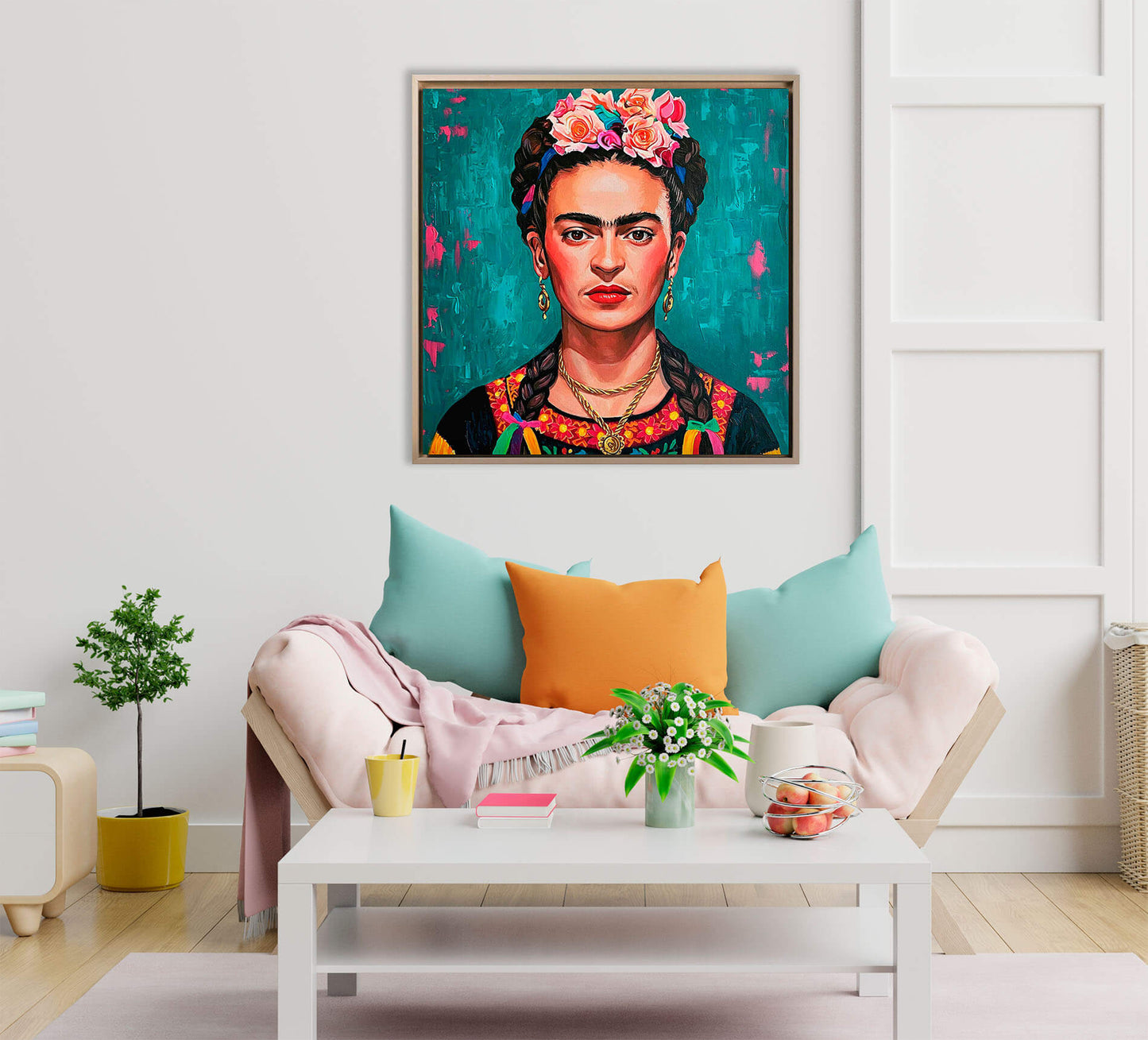 Ritratto ispirato Frida Khalo con sfondo azzurro| Stampa piatta HD o in 3D