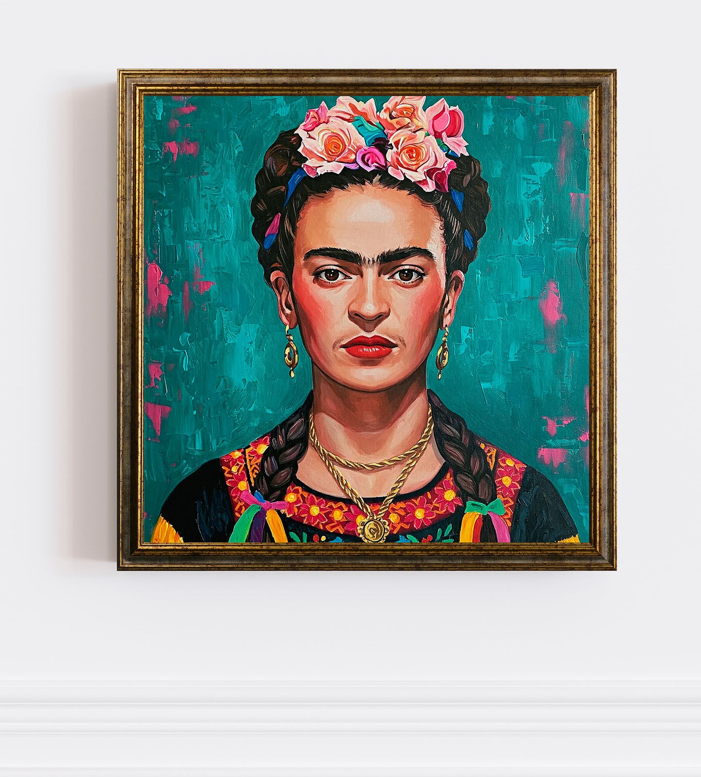 Ritratto ispirato Frida Khalo con sfondo azzurro| Stampa piatta HD o in 3D