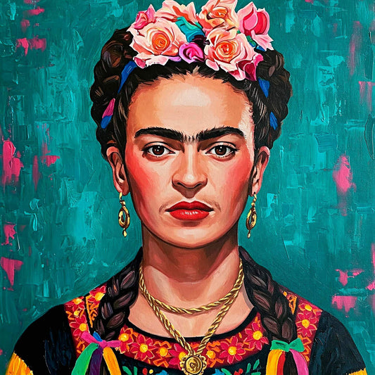 Ritratto ispirato Frida Khalo con sfondo azzurro| Stampa piatta HD o in 3D