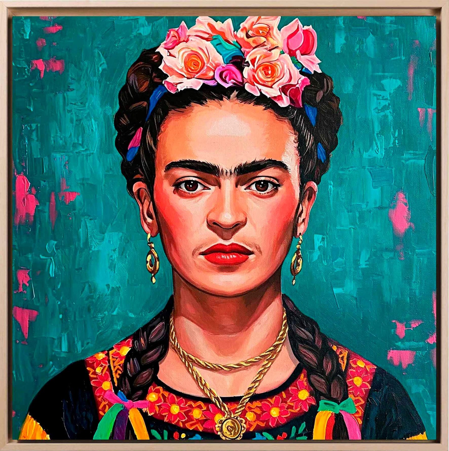 Ritratto ispirato Frida Khalo con sfondo azzurro| Stampa piatta HD o in 3D