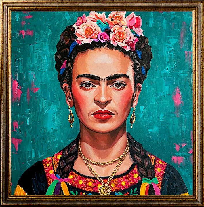 Ritratto ispirato Frida Khalo con sfondo azzurro| Stampa piatta HD o in 3D