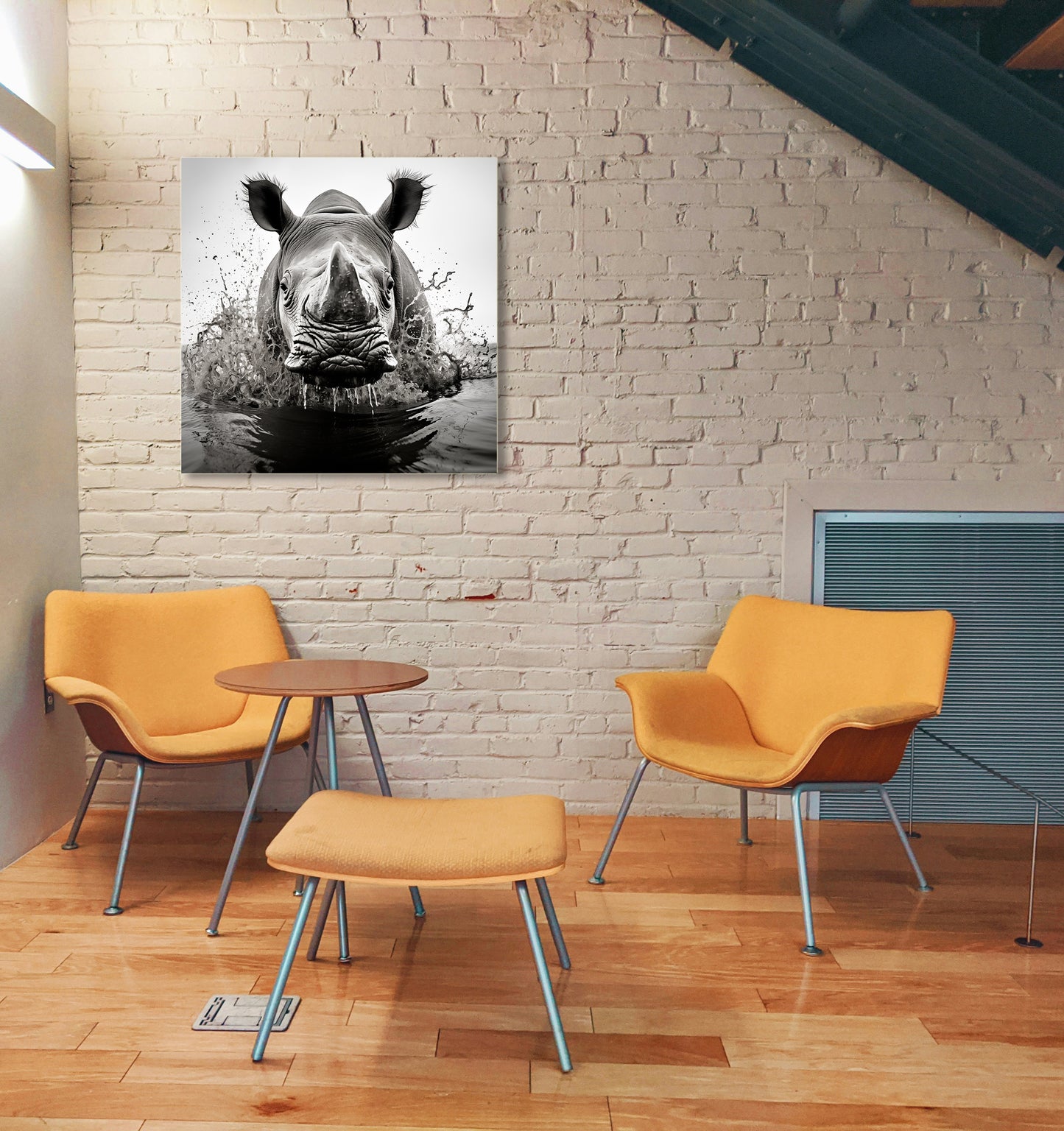 Disegno bianco e nero - Disegno rinoceronte in acqua in stile Salgado | Effetto lucido