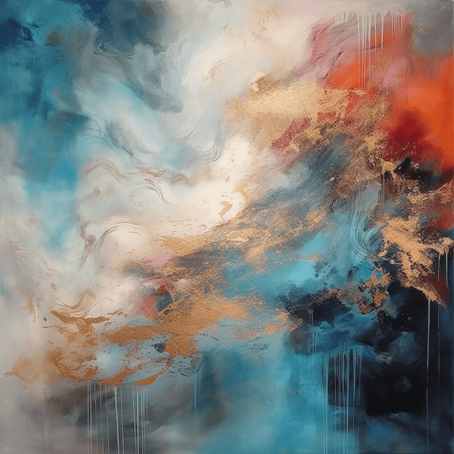 Minimal - Quadro pouring azzurro, oro e rosso AVA | Effetto lucido - Materico