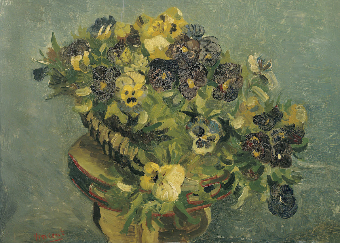 Van Gogh - Cestino di viole del pensiero su un piccolo tavolo | Stampa piatta HD o in 3D