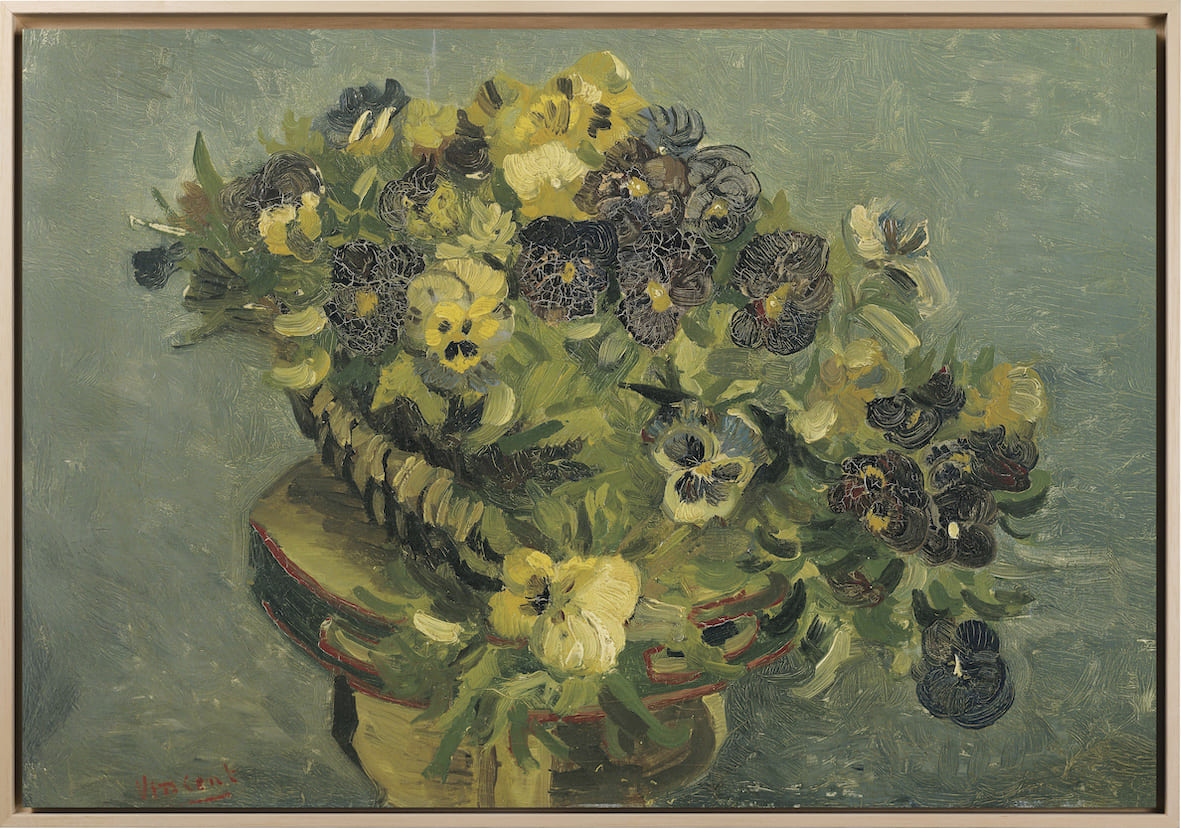 Van Gogh - Cestino di viole del pensiero su un piccolo tavolo | Stampa piatta HD o in 3D