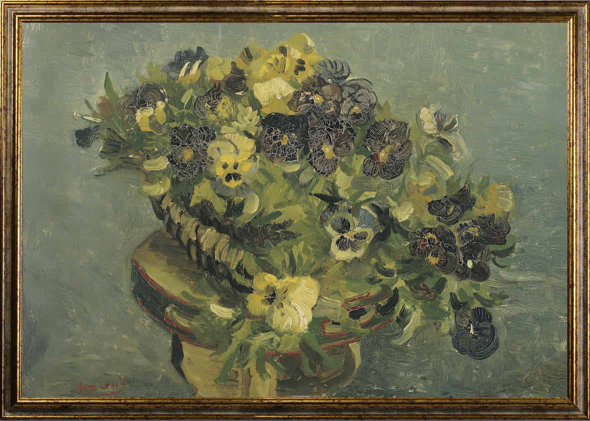 Van Gogh - Cestino di viole del pensiero su un piccolo tavolo | Stampa piatta HD o in 3D