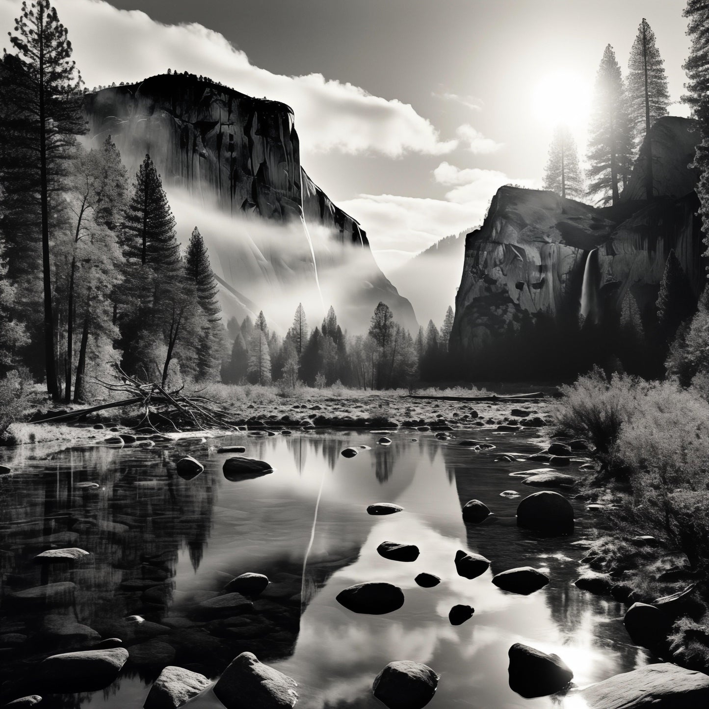Disegno bianco e nero - Yosemite stile Ansel Adams | Effetto lucido - Materico