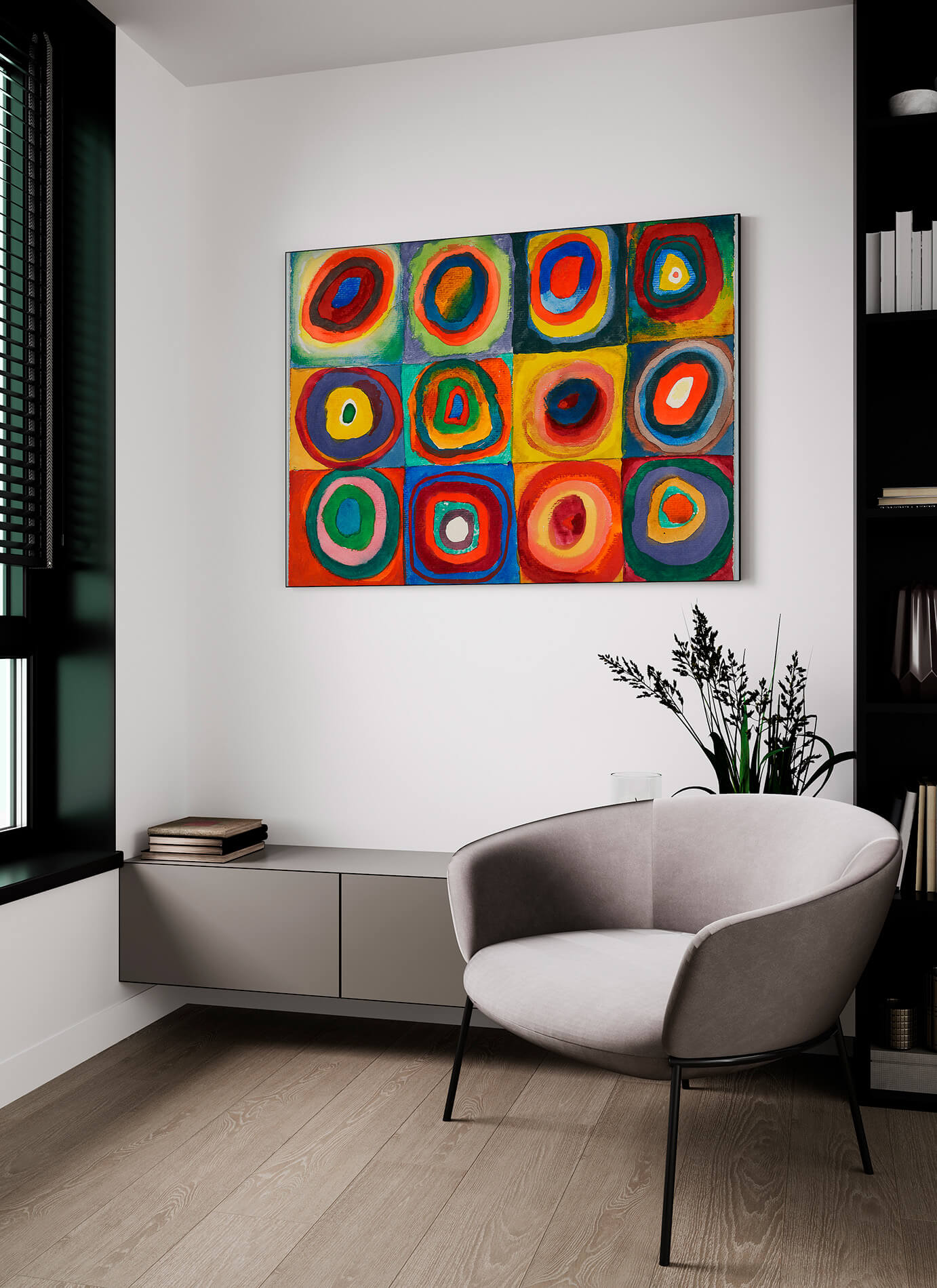 Kandinsky - Studio di colore, quadrati con cerchi | Stampa piatta HD o in 3D