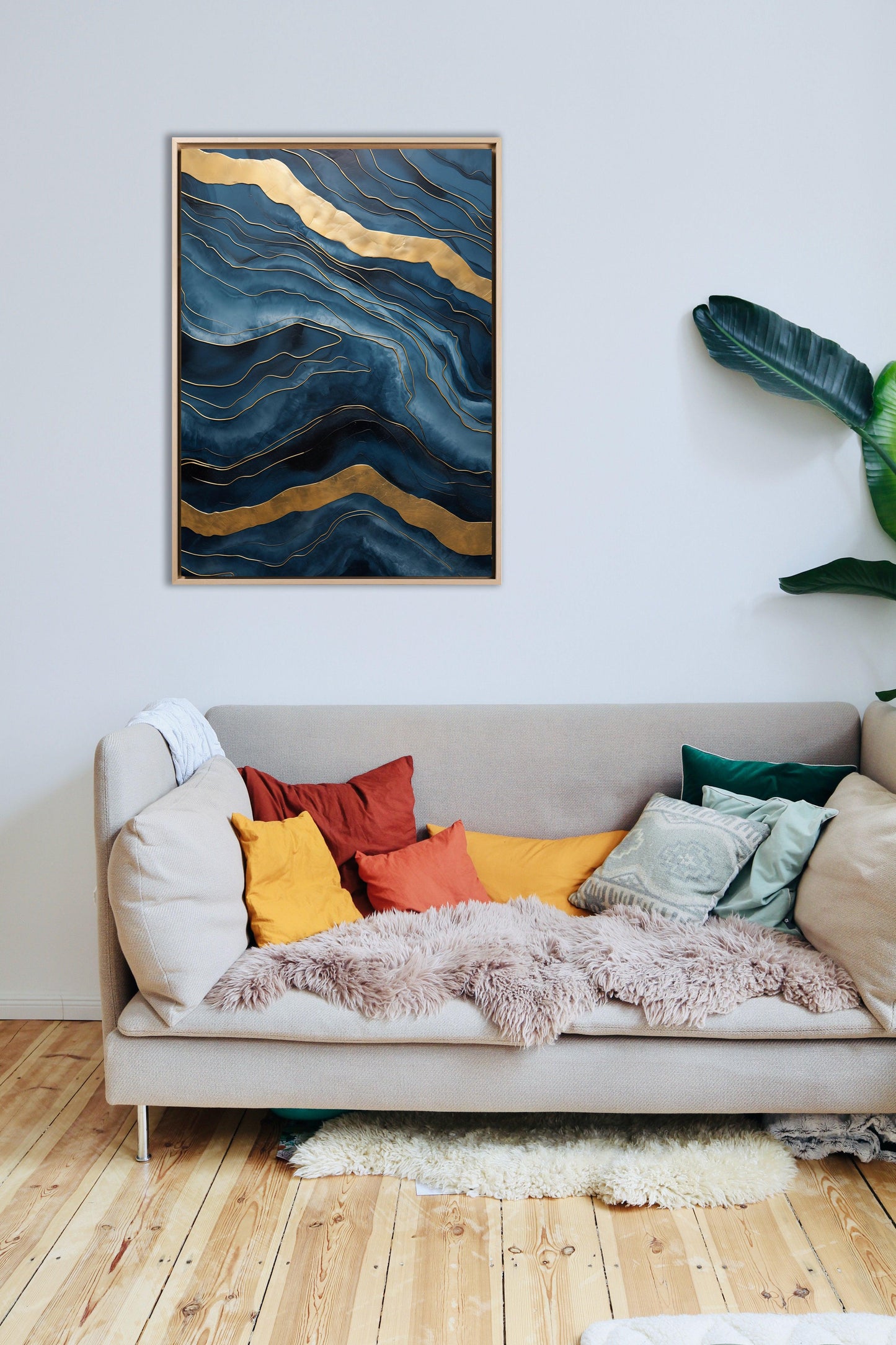 Minimal - Quadro pouring blu e oro ELAINA | Effetto lucido - Materico