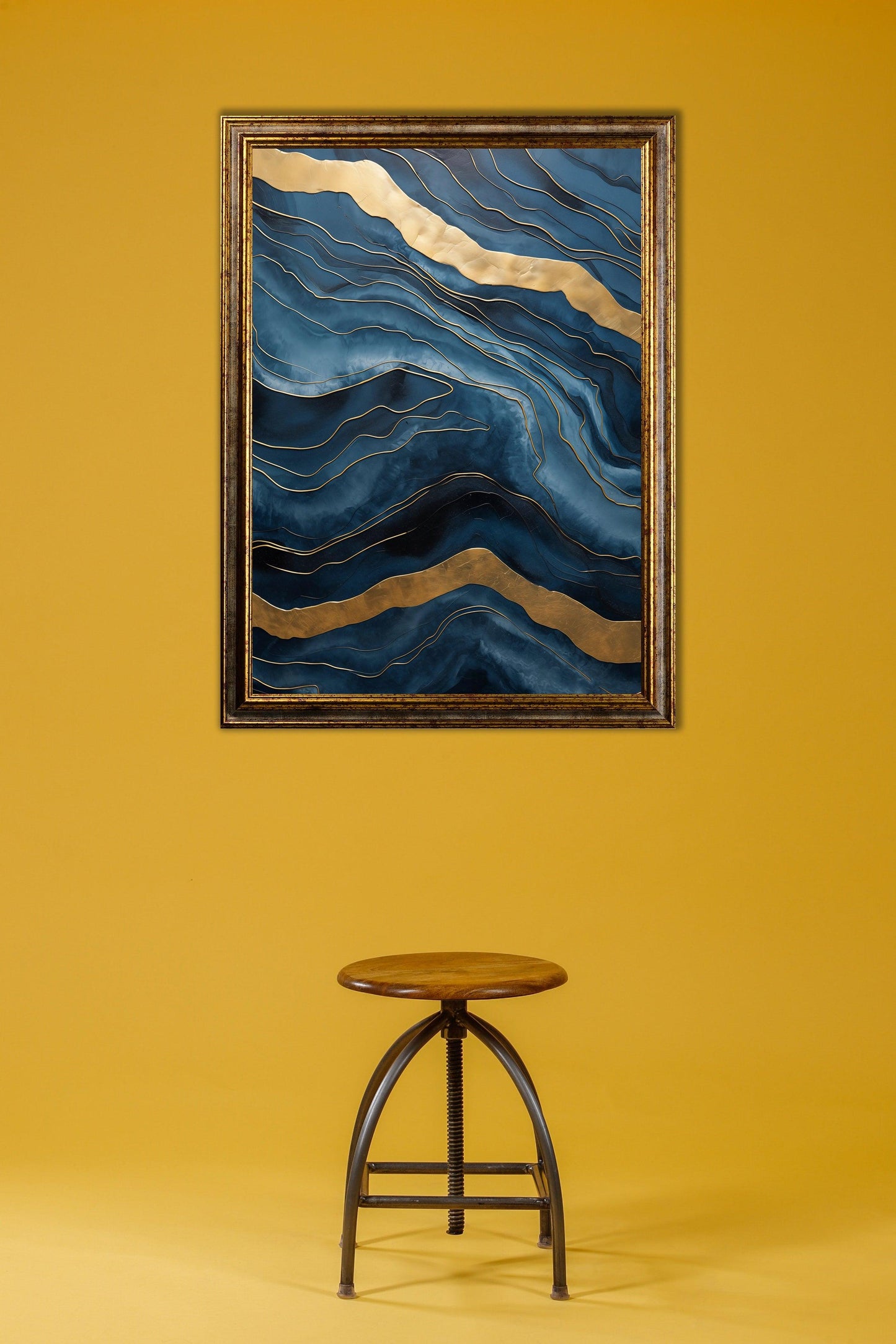 Minimal - Quadro pouring blu e oro ELAINA | Effetto lucido - Materico