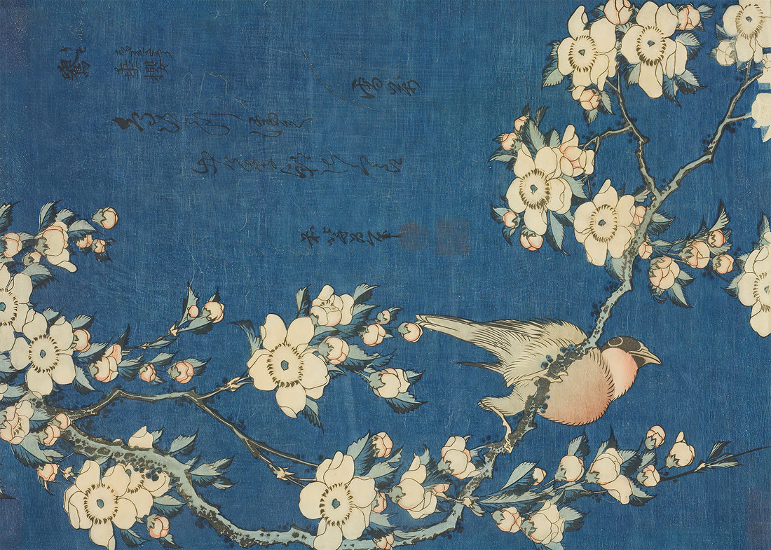 Fringuello e Ciliegio Piangente di Hokusai — quadro su pannello rigido Materico