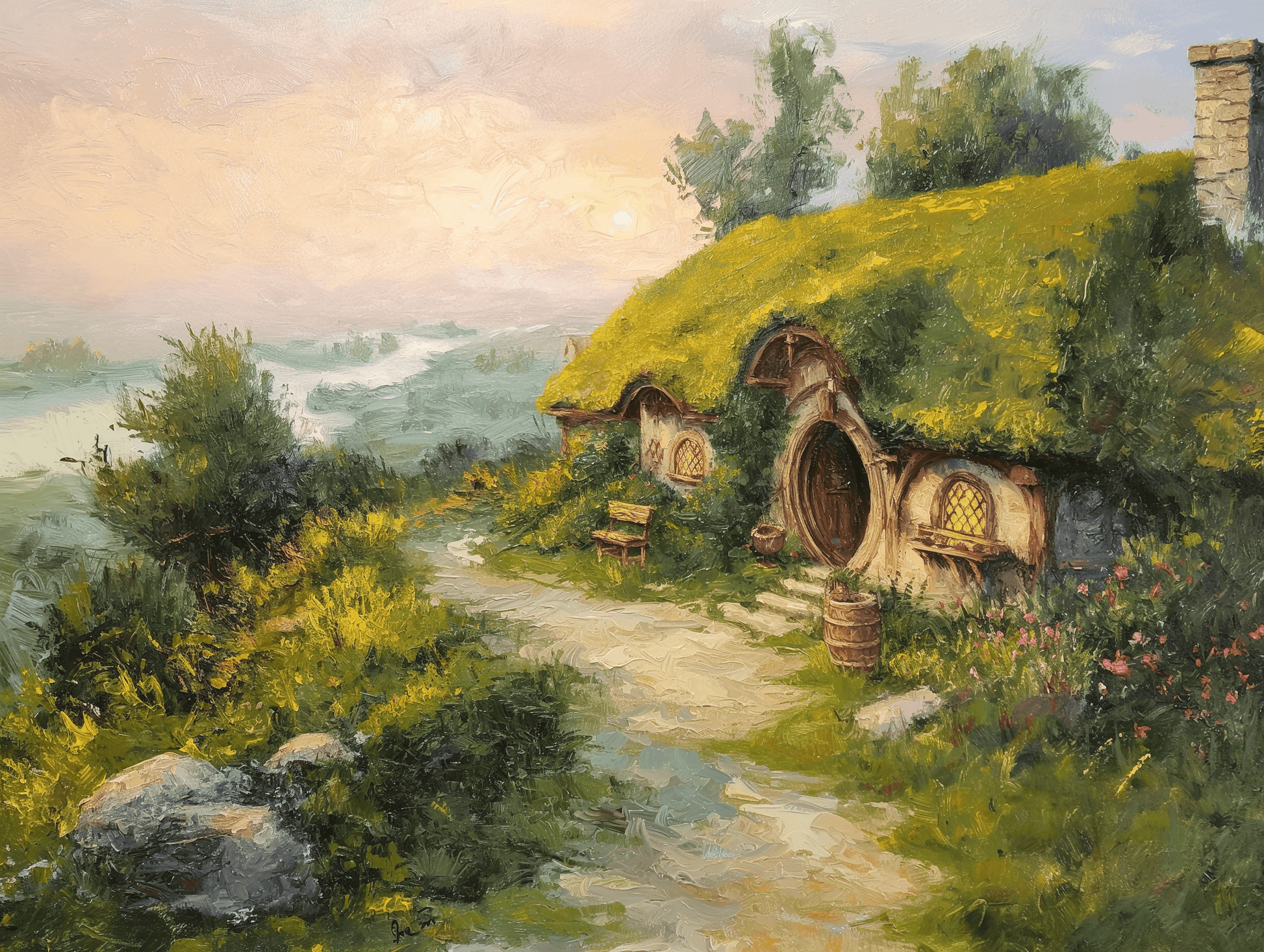 Fantasy - La Contea degli Hobbit dipinto ad olio | Stampa piatta HD o in 3D - Materico