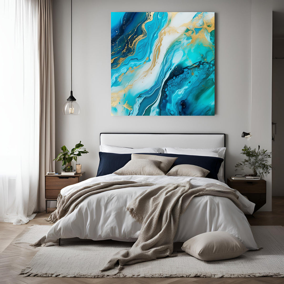 Minimal - Quadro pouring azzurro e oro ARIA | Effetto lucido