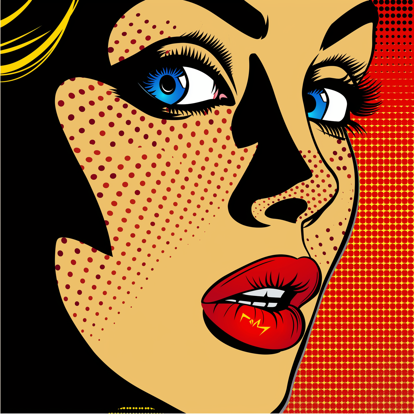 Pop art - Volto donna sfondo rosso ispirato a Roy Lichtenstein | Effetto lucido - Materico