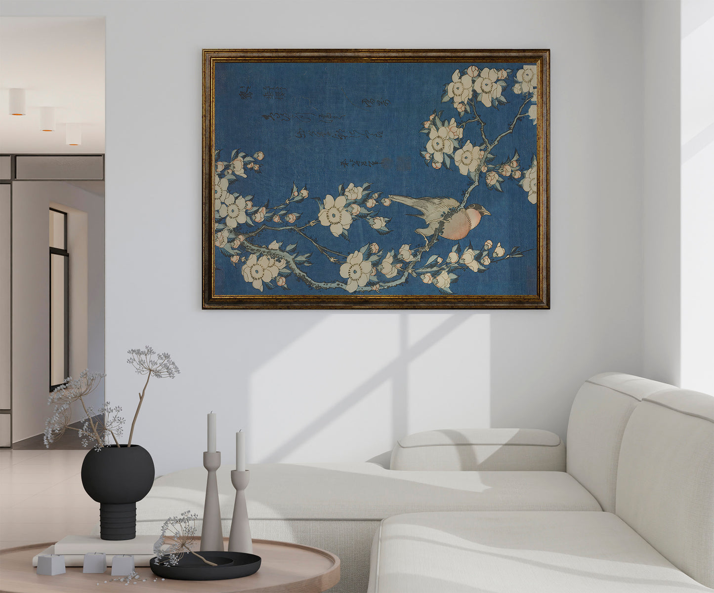 Hokusai - Fringuello e Ciliegio Piangente | Stampa piatta HD o in 3D