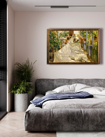 Joaquin Sorolla - Cucendo la vela | Stampa piatta HD o in 3D