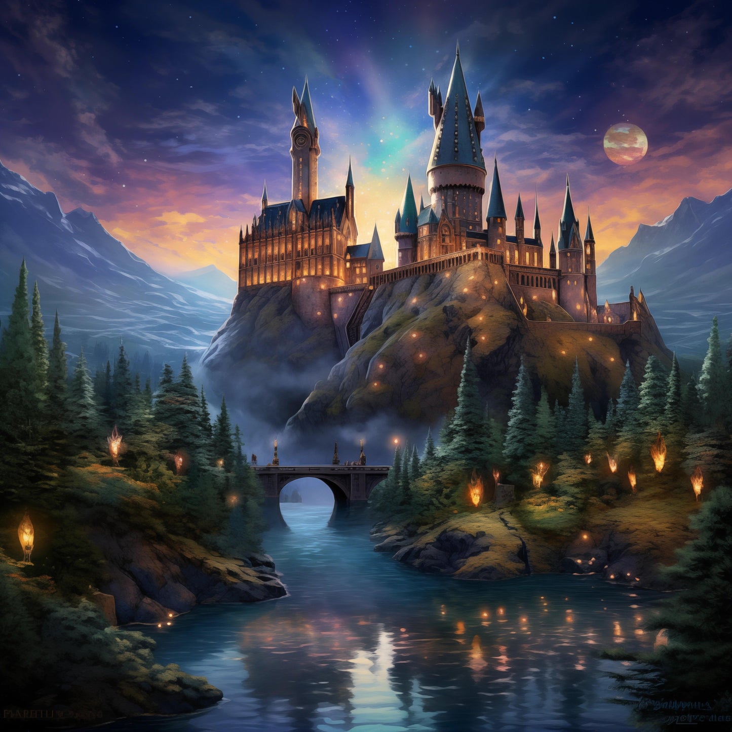 Fantasy - Disegno castello di Hogwarts in stile fantasy | Effetto lucido - Materico