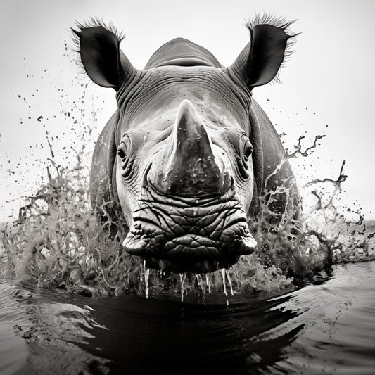 Disegno bianco e nero - Disegno rinoceronte in acqua in stile Salgado | Effetto lucido