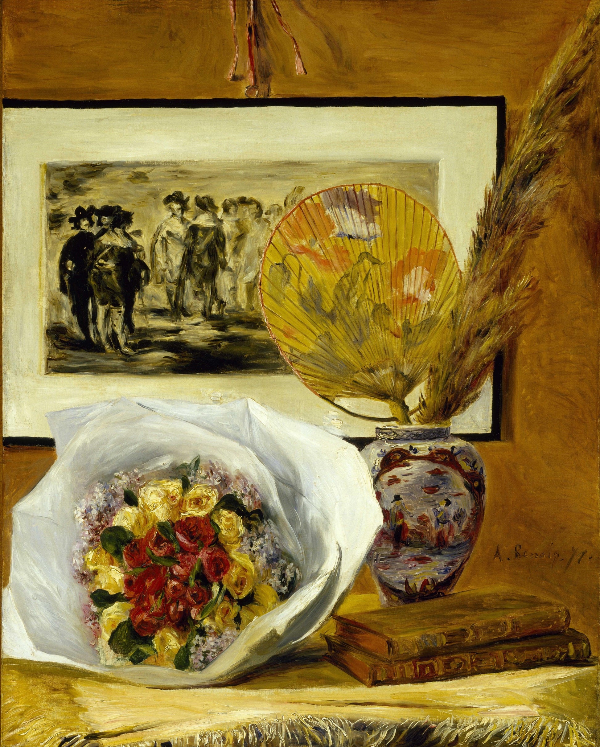 Renoir - Natura morta con bouquet e ventaglio | Stampa piatta HD o in 3D - Materico