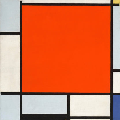 Mondrian - Composizione con grande piano rosso, grigio bluastro, giallo, nero e blu | Stampa piatta HD o in 3D