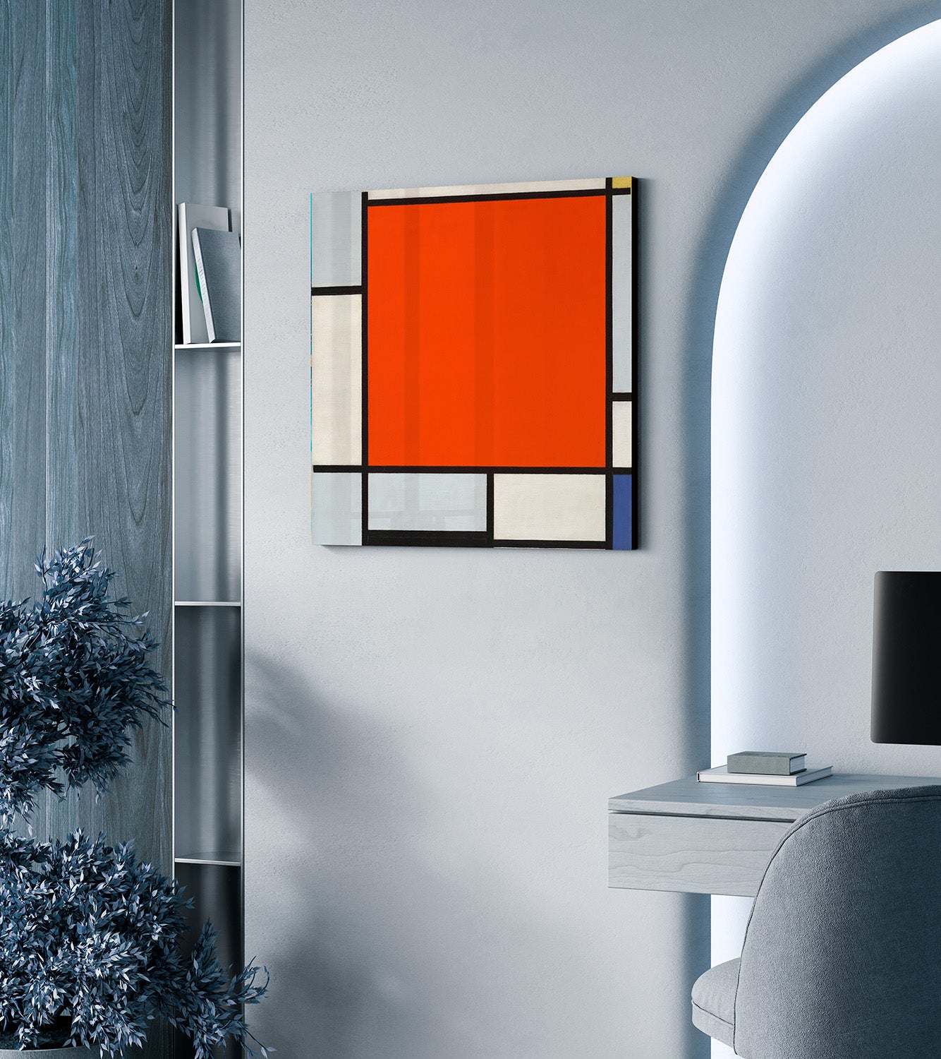 Mondrian - Composizione con grande piano rosso, grigio bluastro, giallo, nero e blu | Stampa piatta HD o in 3D