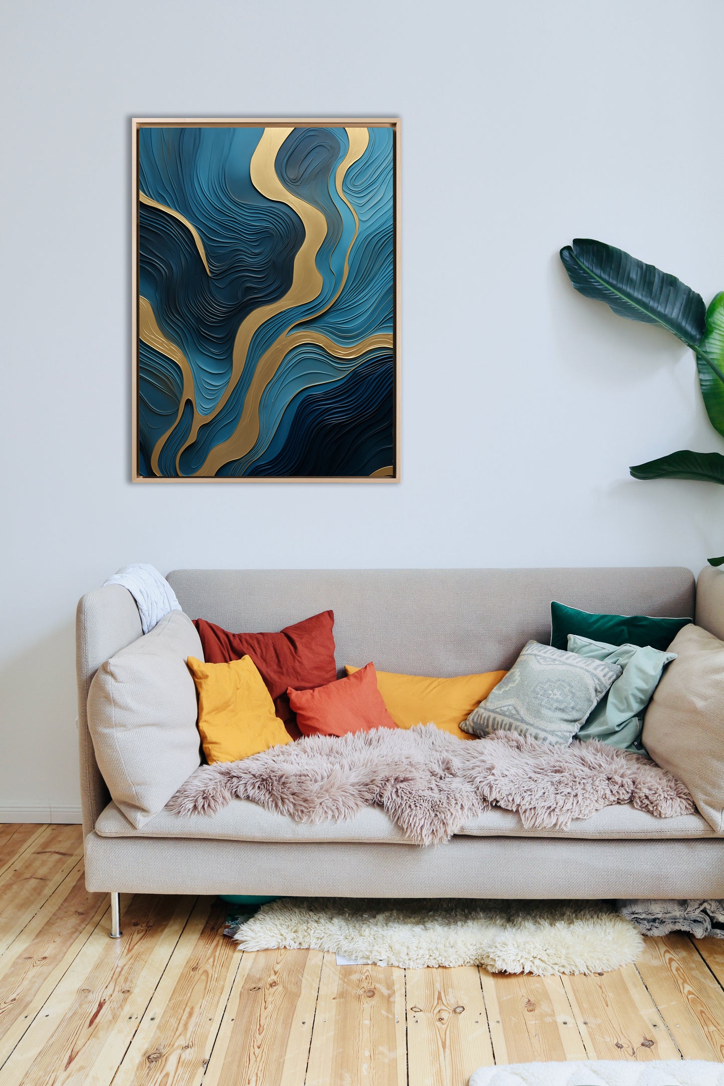 Minimal - AURORA blue and gold wave pouring painting | Glossy effect