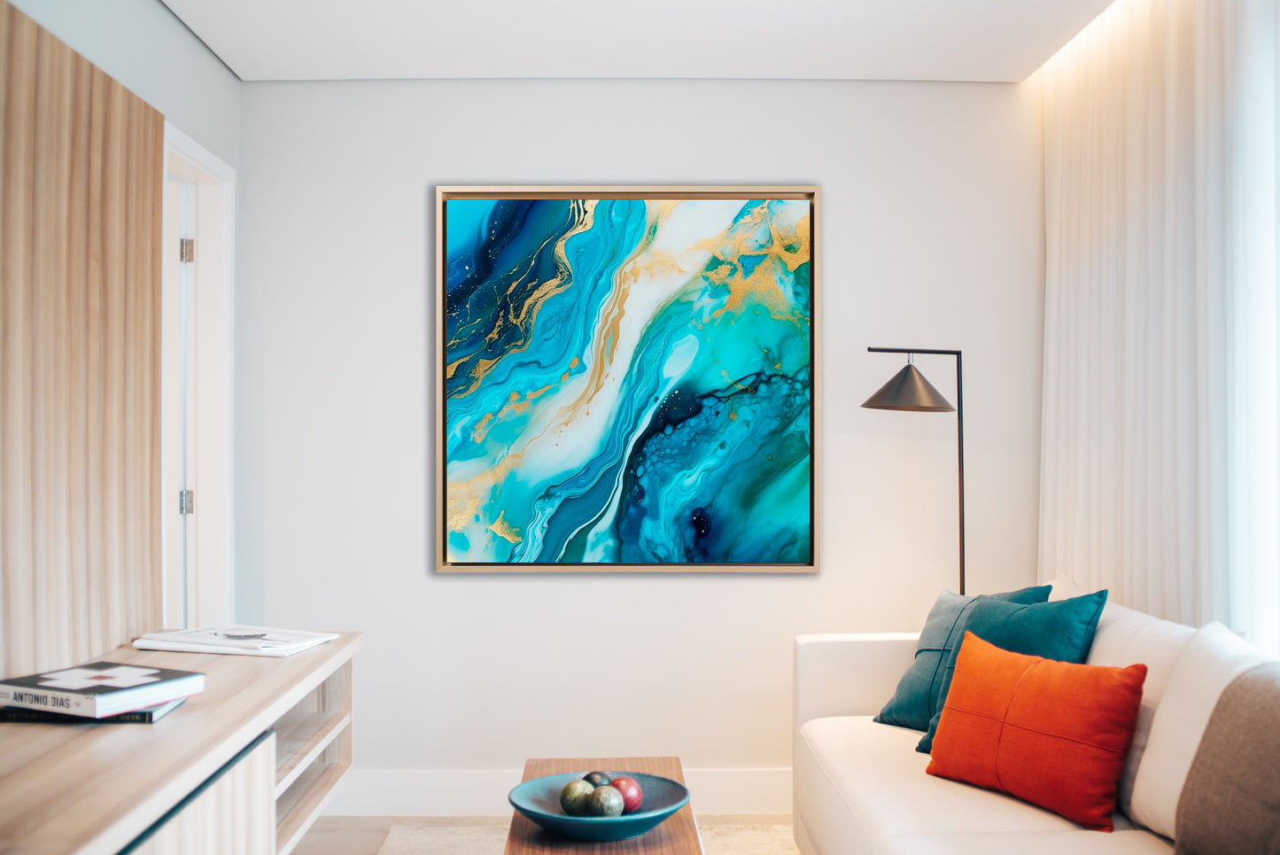 Minimal - Quadro pouring azzurro e oro ARIA | Effetto lucido