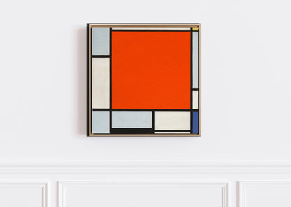 Mondrian - Composizione con grande piano rosso, grigio bluastro, giallo, nero e blu | Stampa piatta HD o in 3D