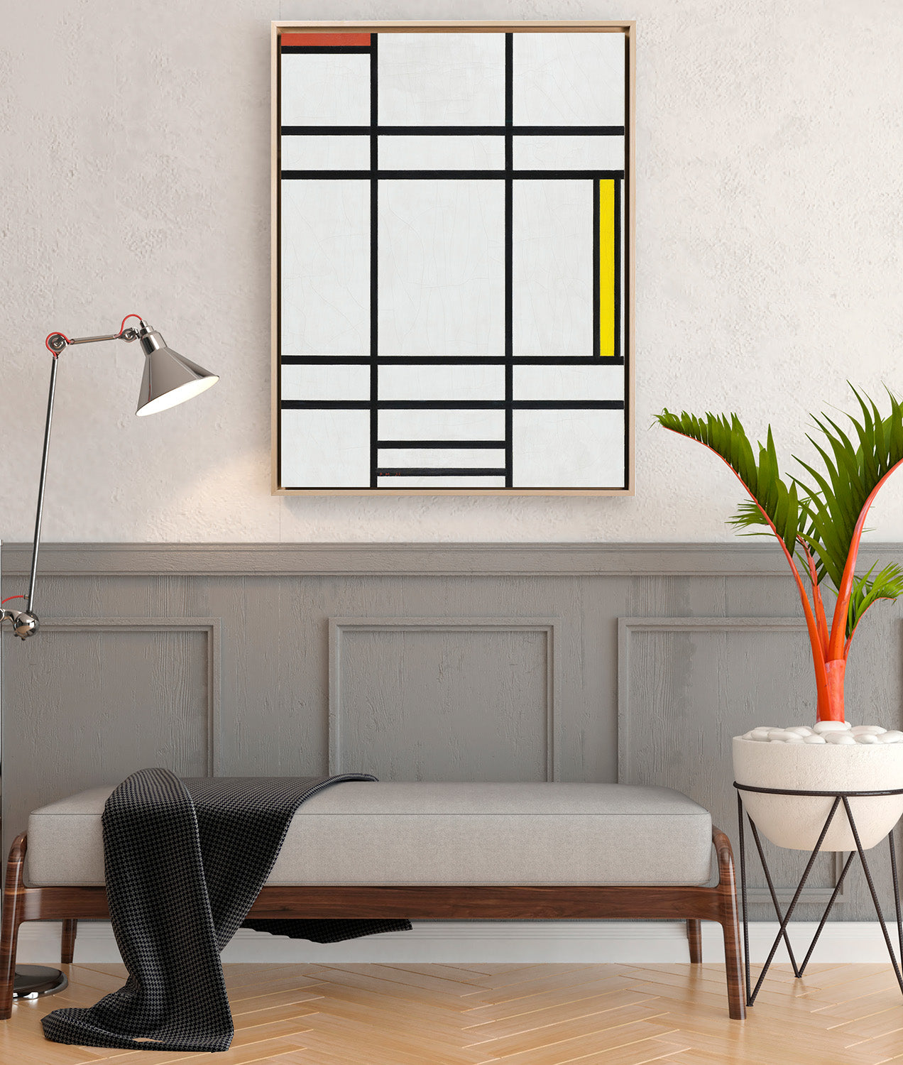 Mondrian - Composizione in bianco, rosso e giallo | Stampa piatta HD o in 3D