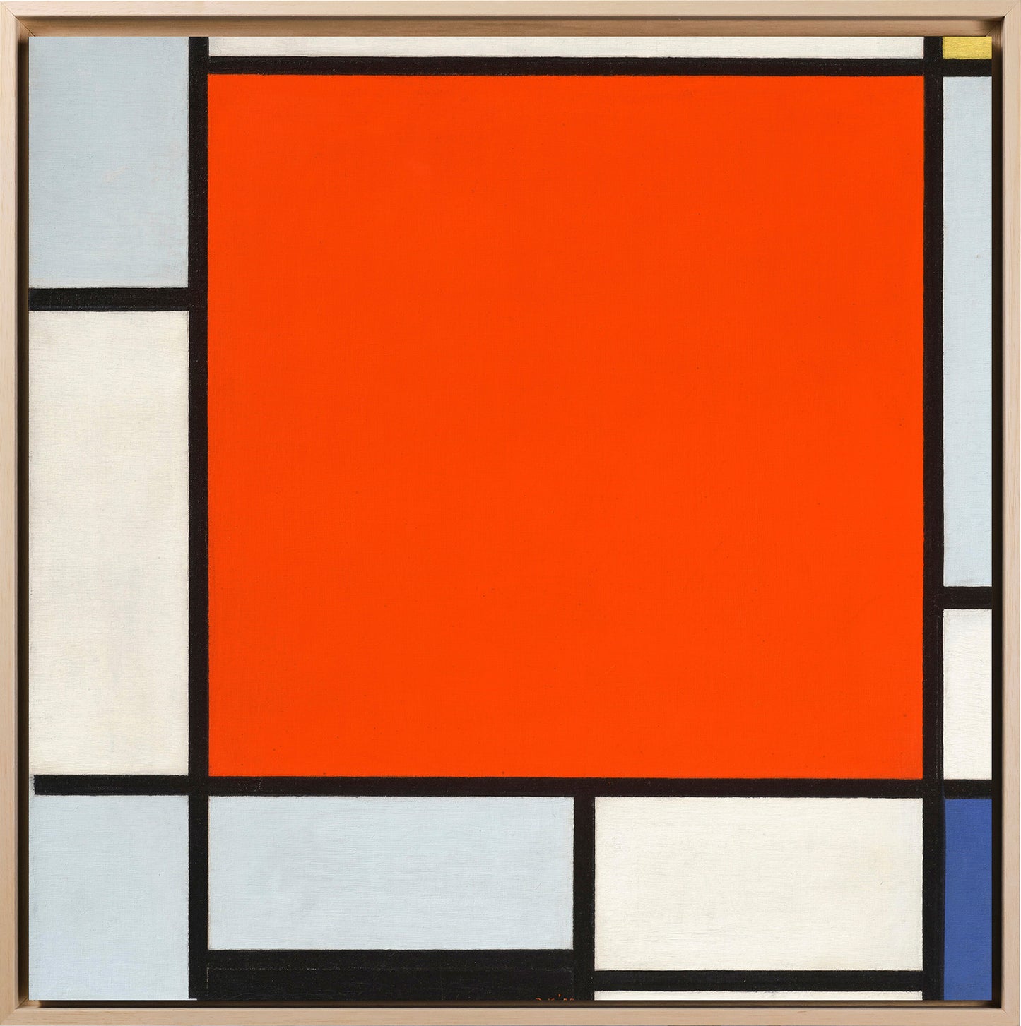 Mondrian - Composizione con grande piano rosso, grigio bluastro, giallo, nero e blu | Stampa piatta HD o in 3D