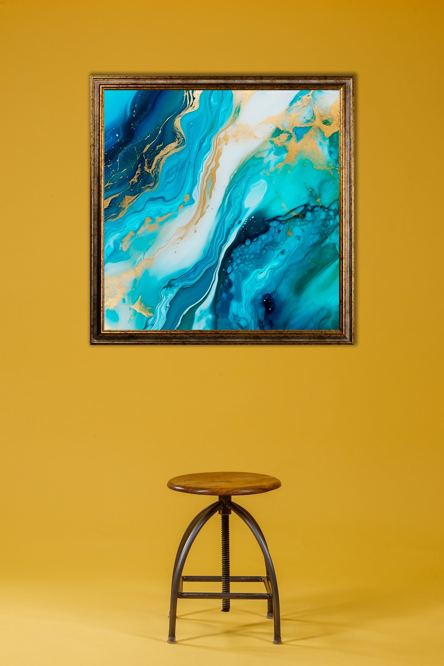 Minimal - Quadro pouring azzurro e oro ARIA | Effetto lucido