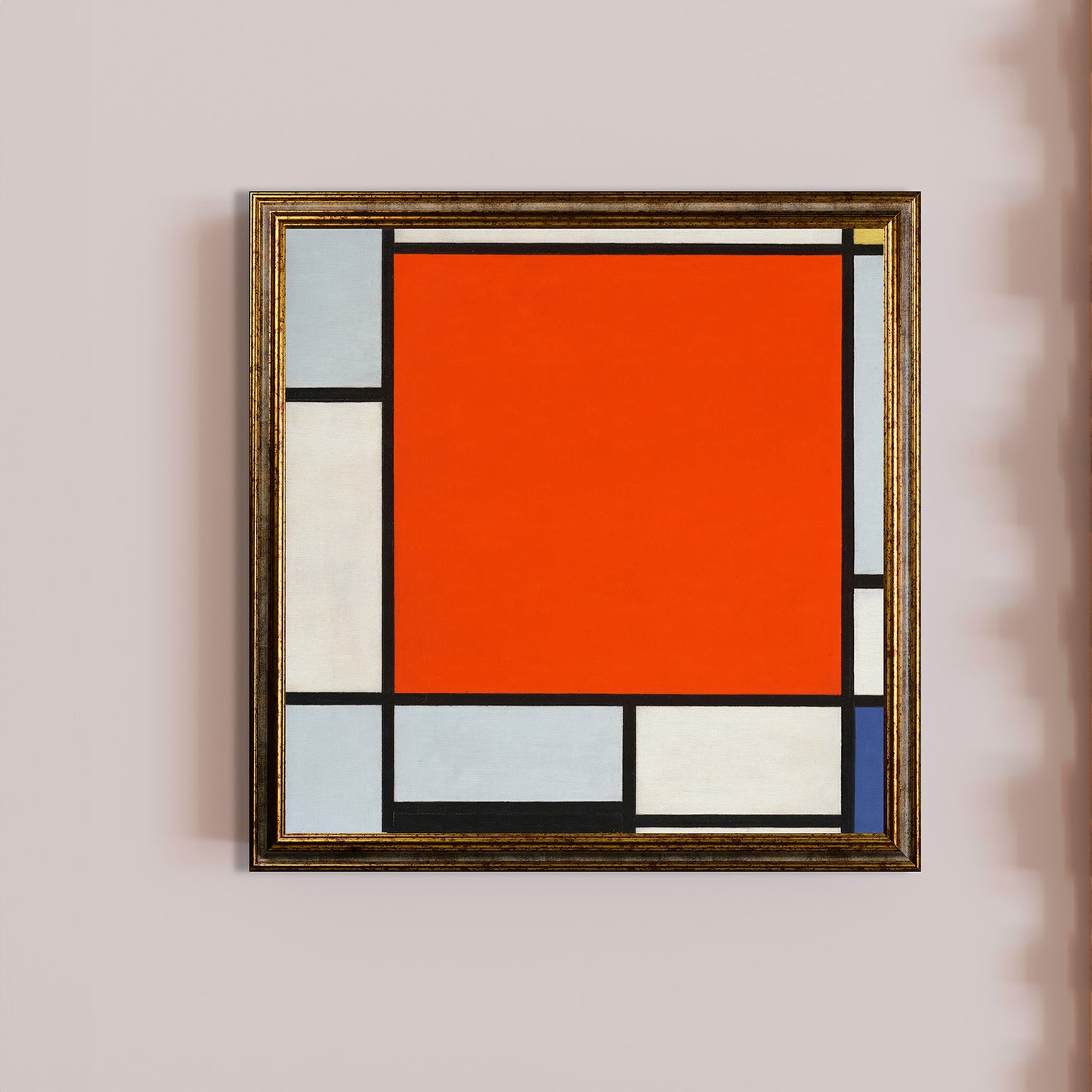 Mondrian - Composizione con grande piano rosso, grigio bluastro, giallo, nero e blu | Stampa piatta HD o in 3D