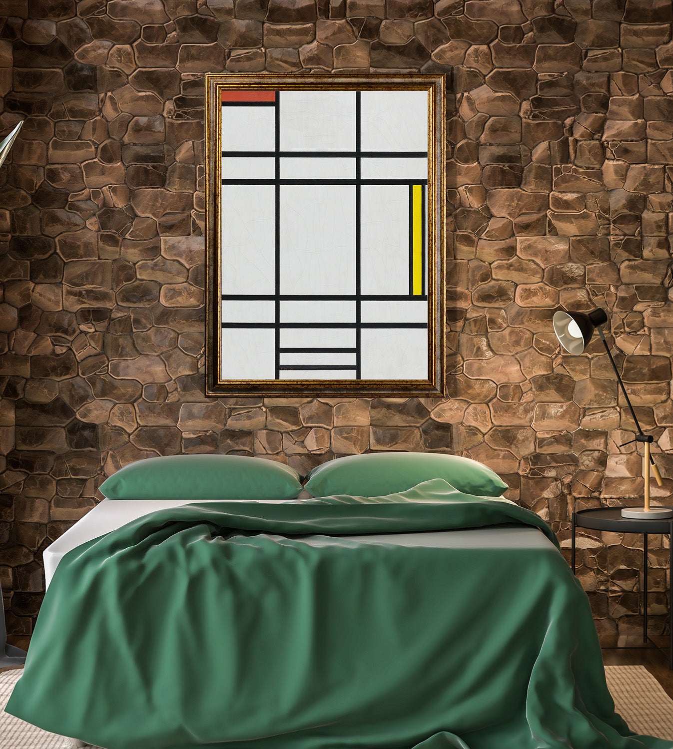 Mondrian - Composizione in bianco, rosso e giallo | Stampa piatta HD o in 3D