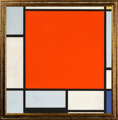 Mondrian - Composizione con grande piano rosso, grigio bluastro, giallo, nero e blu | Stampa piatta HD o in 3D